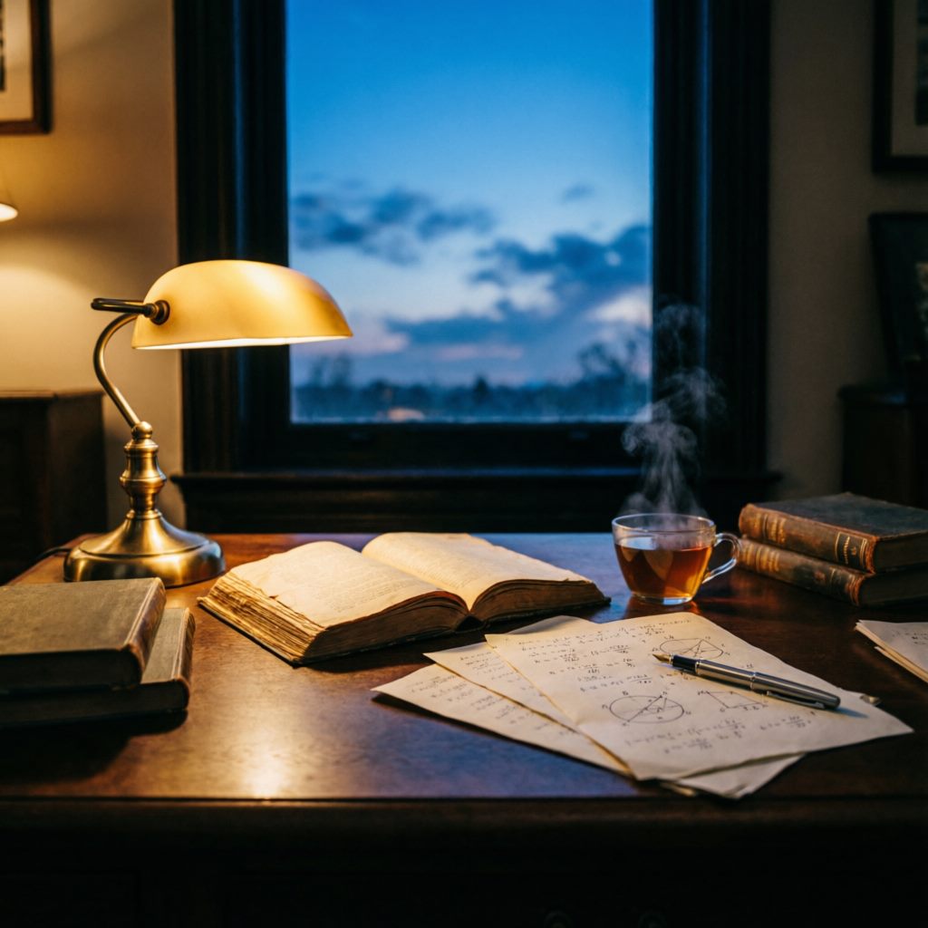Кабинет Учителя вечером: настольная лампа, открытая книга, исписанные листы с формулами, чашка чая, за окном сумерки