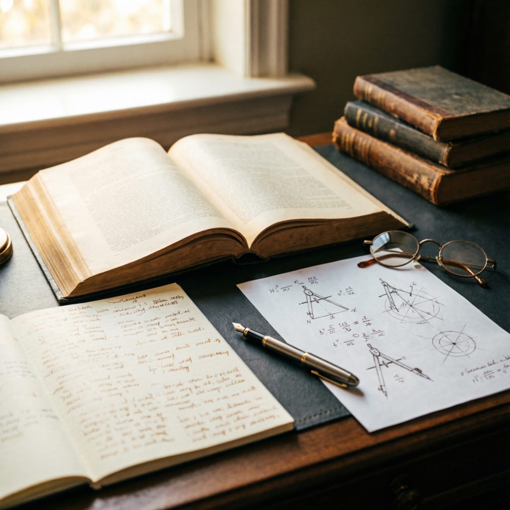 Учительский стол: открытая книга, тетрадь ученика с правками, лист с геометрическим решением, перо, очки, стопка старых книг
